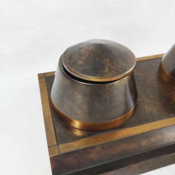 Vintage SilverCrest Decorated Bronze Double Inkwell & Notepad Holder, Art Deco - Picture 7 of 16